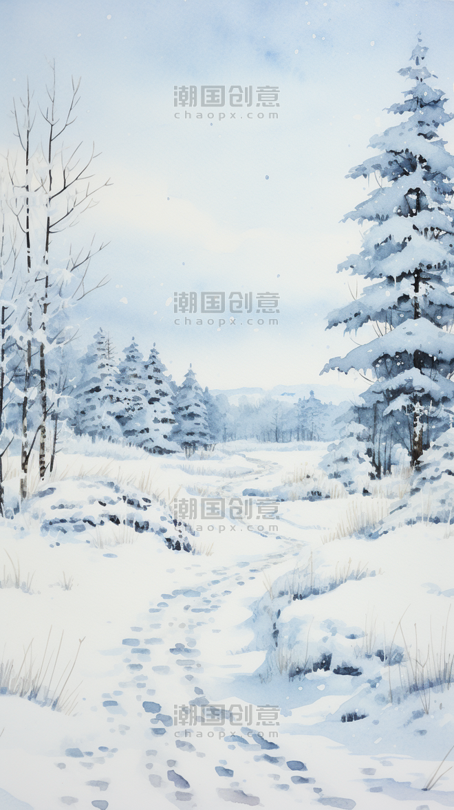 创意简约水彩冬天野外雪天树木场景冬天雪地插画