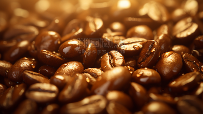 创意金色阳光褐色咖啡豆食材特写背景