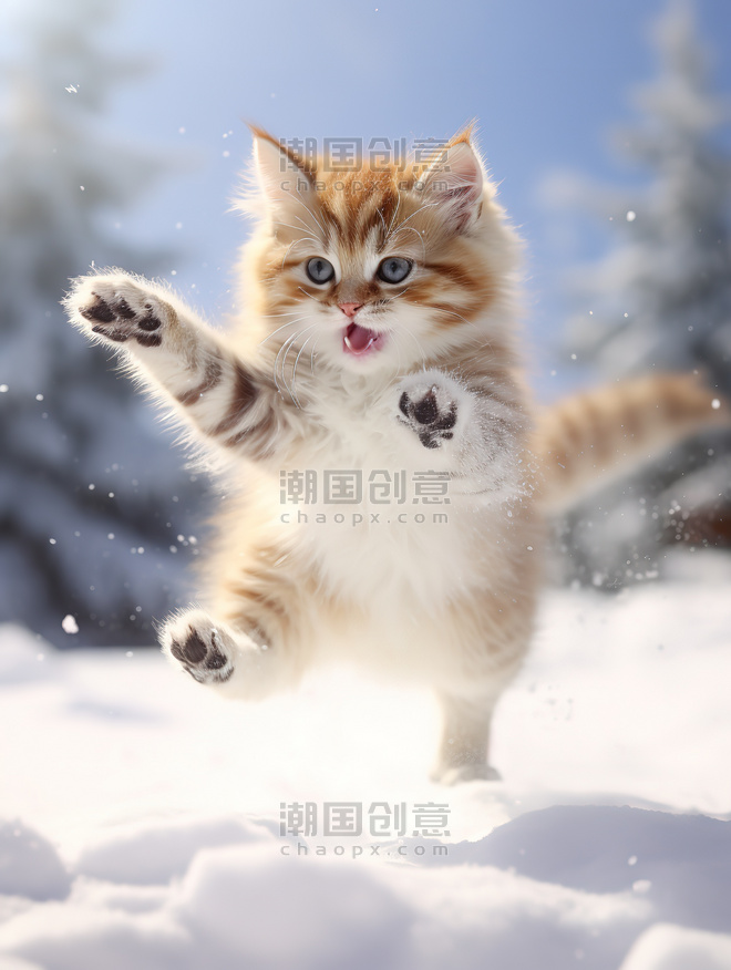 创意冬天的小猫雪中跳跃壁纸10动物宠物雪景