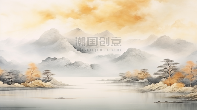 创意金色中式国风手绘艺术山水国画