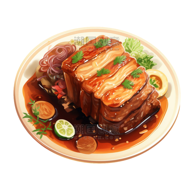 中式餐饮中餐美食红烧排骨元素立体免抠图案