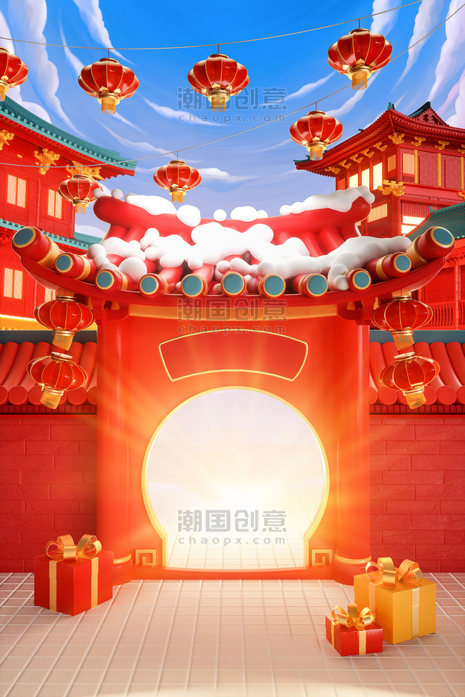 3D立体红色中国风春节年货节古风建筑场景电商促销场景