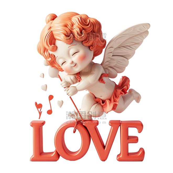 创意3D红色卡通可爱的小天使和LOVE情人节丘比特