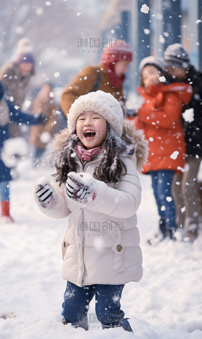 创意寒冷冬季打雪仗玩雪小孩摄影图2冬天亚洲人像儿童
