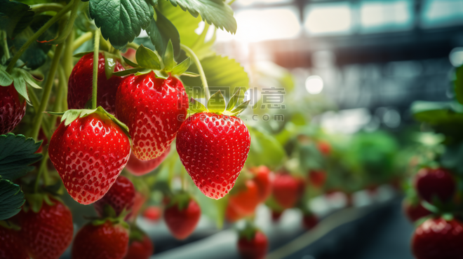创意新鲜成熟的草莓特写大棚水果植物