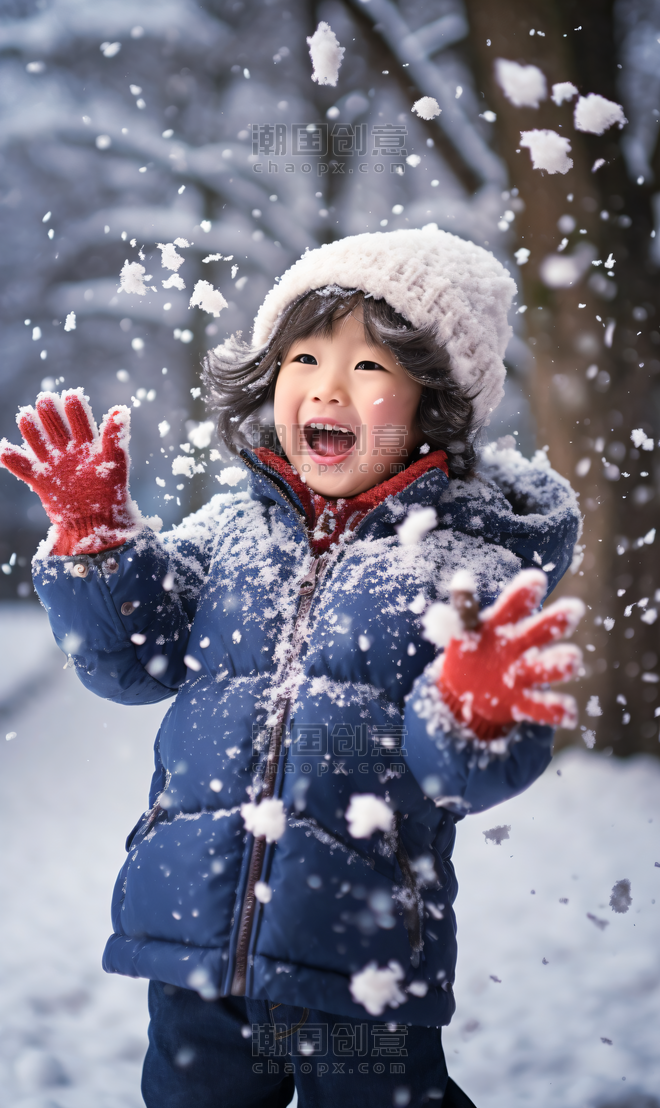 创意寒冷冬季打雪仗玩雪小孩摄影图1冬天亚洲人像儿童