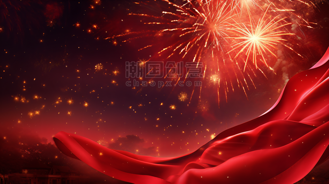 创意中国红春节主题红绸烟花大气背景