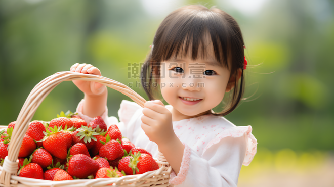 亚洲儿童人像拿着草莓水果开心的小女孩