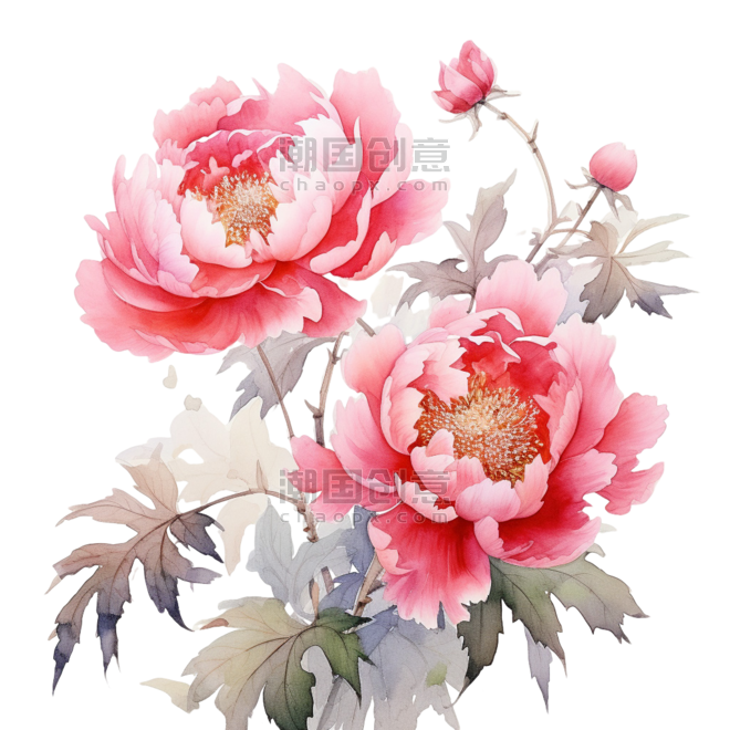 创意矢量艳丽花朵粉色水彩牡丹芍药植物