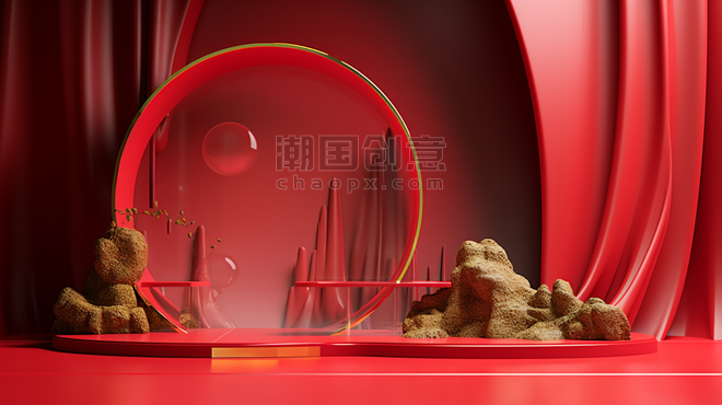 创意中国红春节中式背景展台