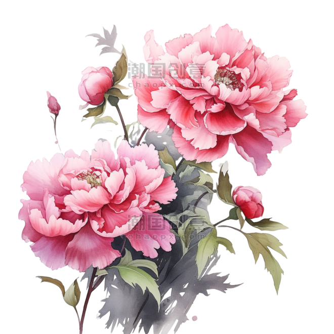 创意粉色水彩牡丹芍药植物艳丽花朵元素立体免抠图案
