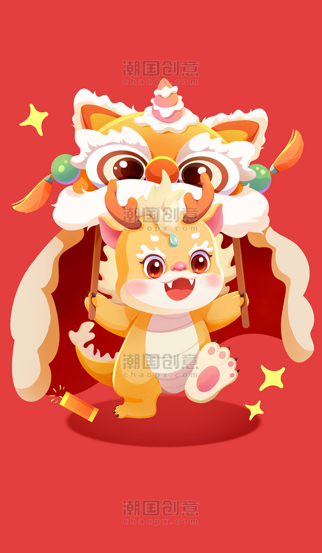龙年春节祝福元素卡通龙形象舞狮舞龙