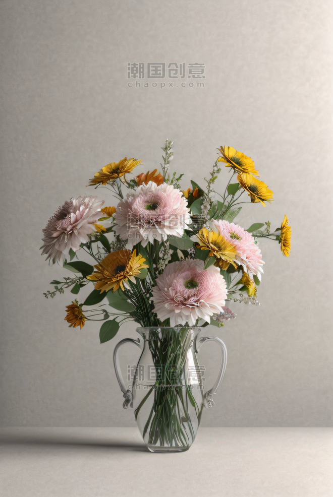 创意透明花瓶里的彩色鲜花插花艺术盆栽