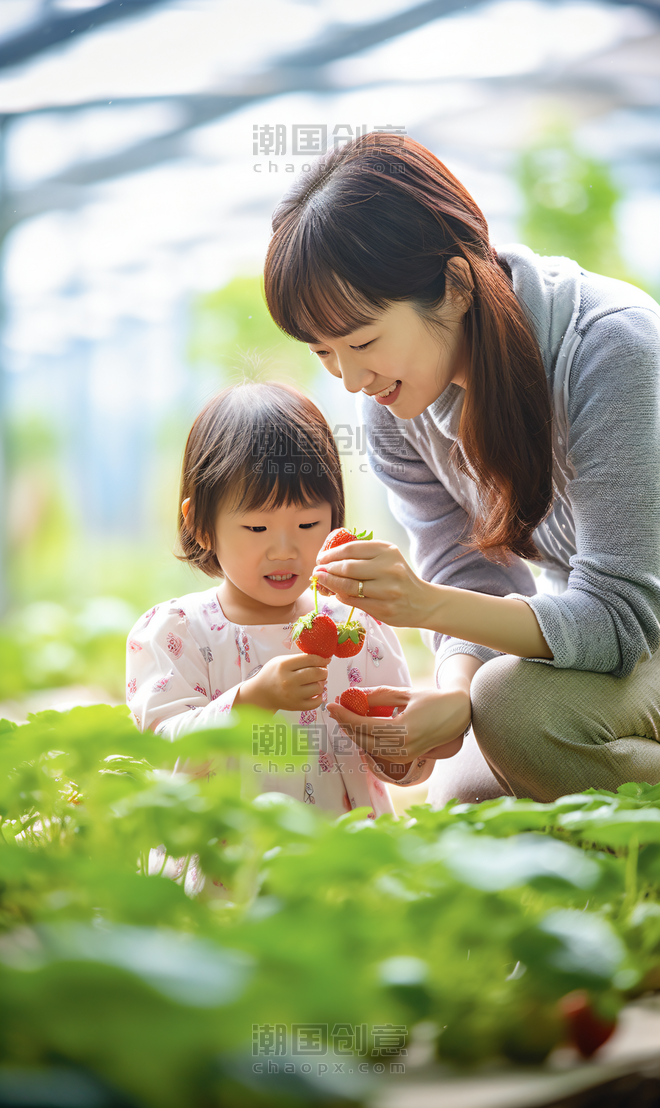 创意妈妈和孩子一起采摘草莓亲子活动植物园