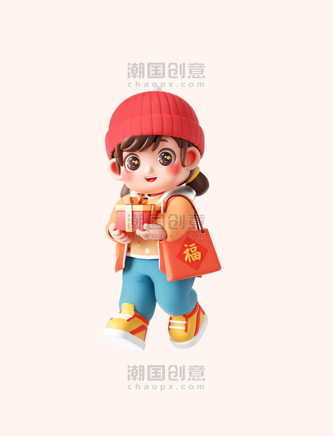 春节年货节3D立体购物人物女孩儿童