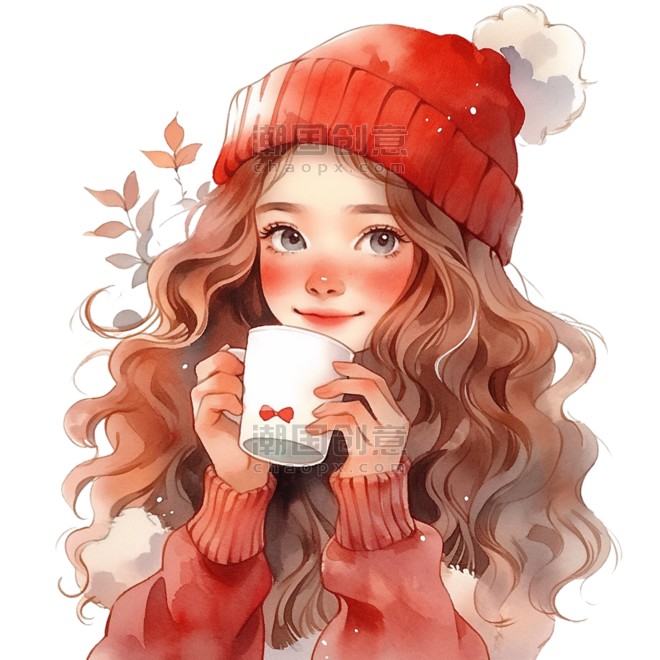 创意冬天元素新年可爱女孩咖啡手绘温暖头像