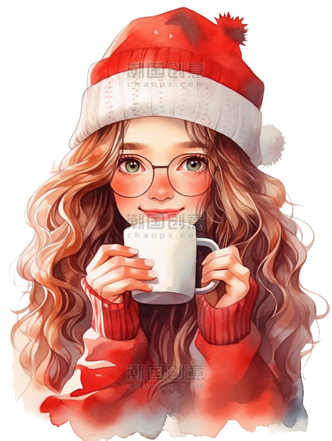 温暖头像圣诞冬天手绘新年可爱女孩咖啡元素