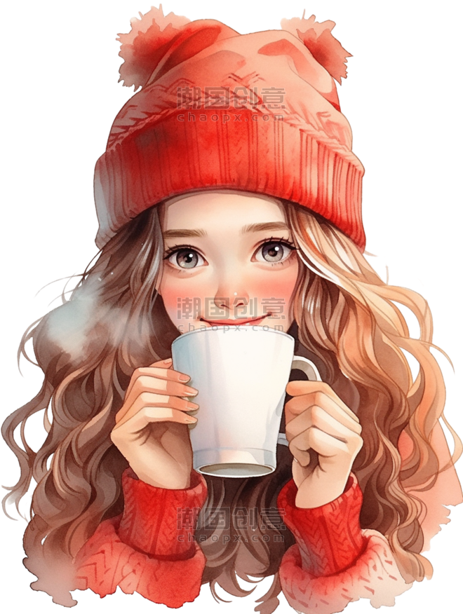 创意可爱女孩冬天新年咖啡手绘温暖头像