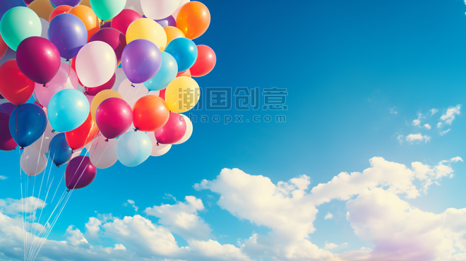 创意蓝天白云下的彩色气球浪漫快乐儿童节