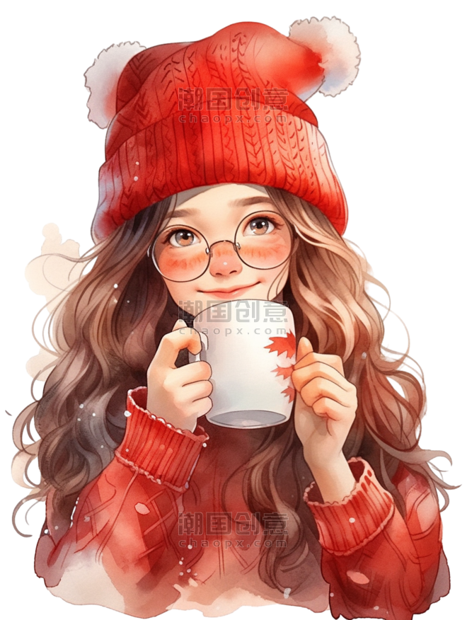 创意冬天温暖头像圣诞新年咖啡手绘元素可爱女孩