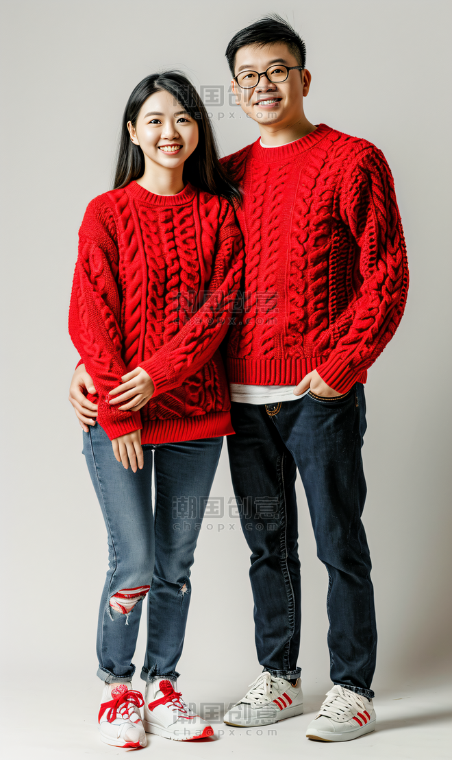 创意春节中国年情侣人像摄影红色毛衣拜年亚洲人像