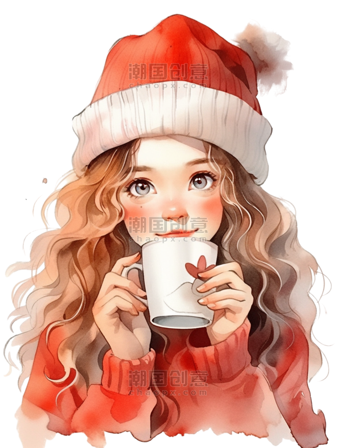 创意手绘冬天新年可爱女孩咖啡温暖头像圣诞元素