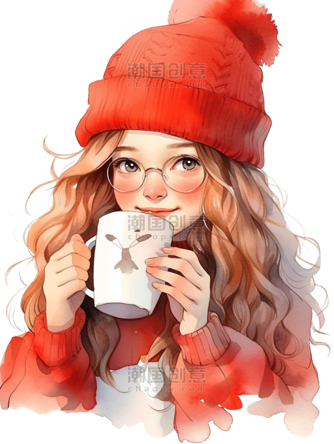 创意冬天咖啡新年可爱女孩温暖头像手绘元素