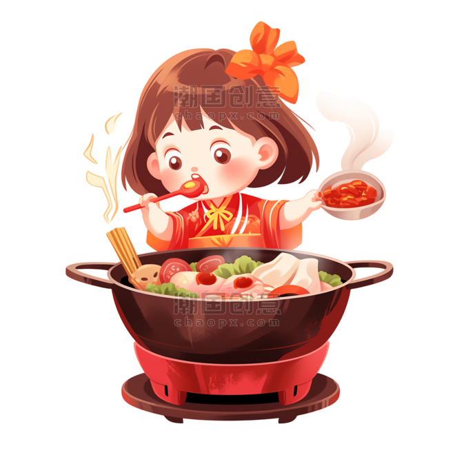 创意可爱卡通手绘小孩吃火锅春节吃货节美食