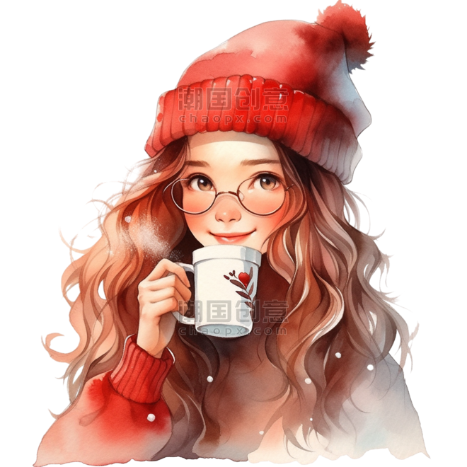 温暖头像圣诞新年冬天可爱女孩咖啡手绘元素