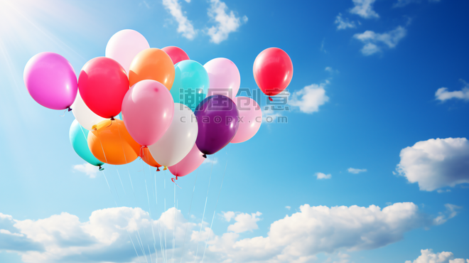 创意儿童节蓝天白云下的彩色气球浪漫快乐