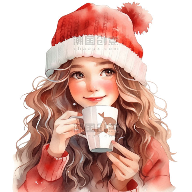创意温暖头像圣诞新年可爱女孩冬天咖啡手绘元素