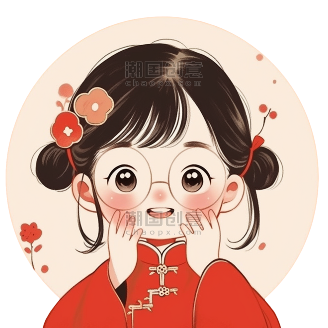 创意古风新年可爱女孩春节中国风头像卡通手绘元素