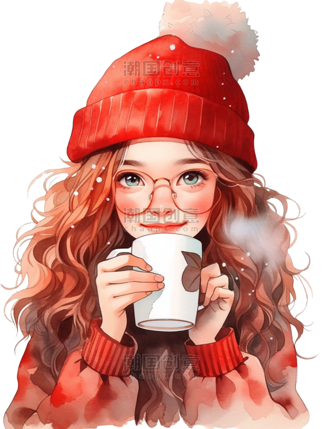 创意元素冬天新年可爱女孩咖啡温暖头像圣诞手绘