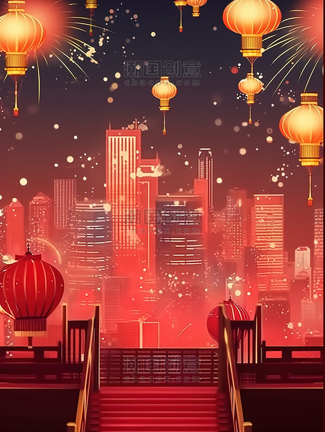 创意灯笼和烟花新年喜庆跨年除夕元宵节背景插画