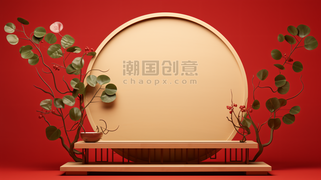 创意中式中国风红色植物春节年货电商展示场景133