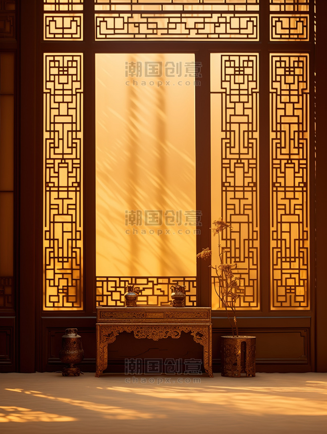创意中国风意境门窗剪影复古窗户光影传统建筑插图