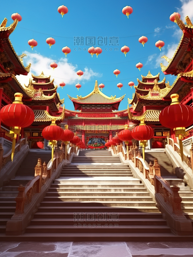 创意传统建筑的3d年货中国风国潮中式建筑背景