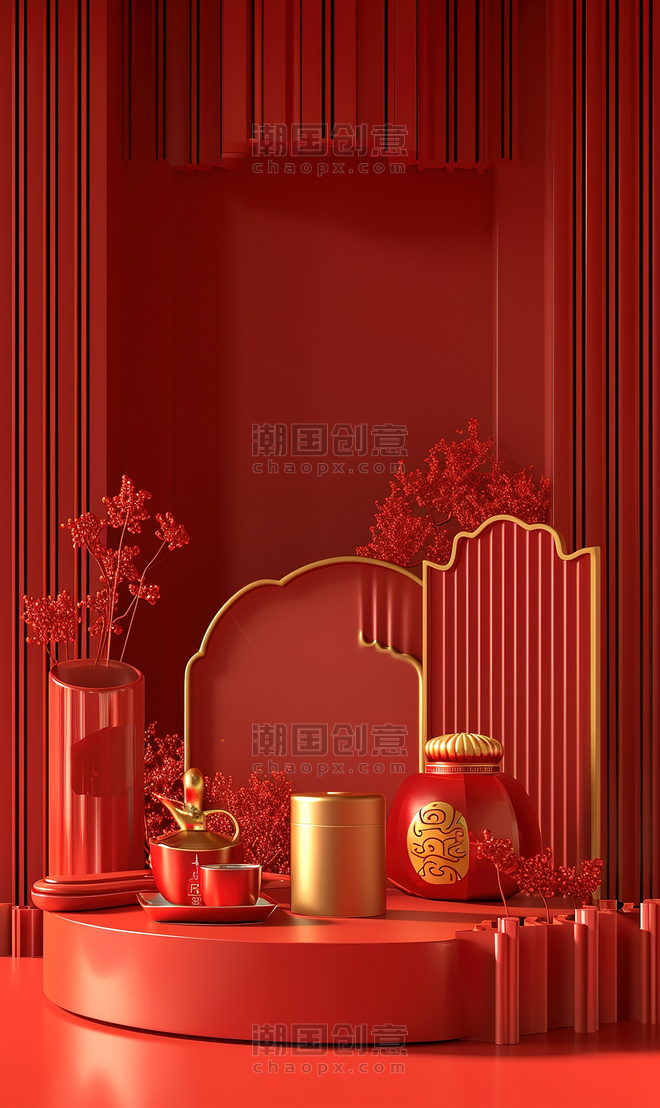 创意春节年货节电商新年产品展台装饰背景图片