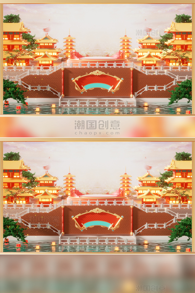 3D立体春节国潮中国风建筑展台场景横板