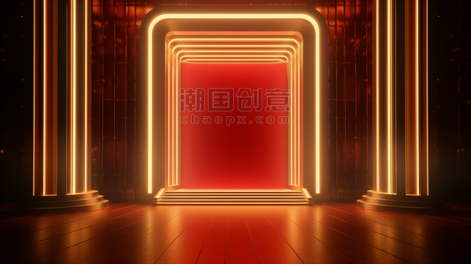 创意中国国风红色年货节立体空间通道场景背景素材