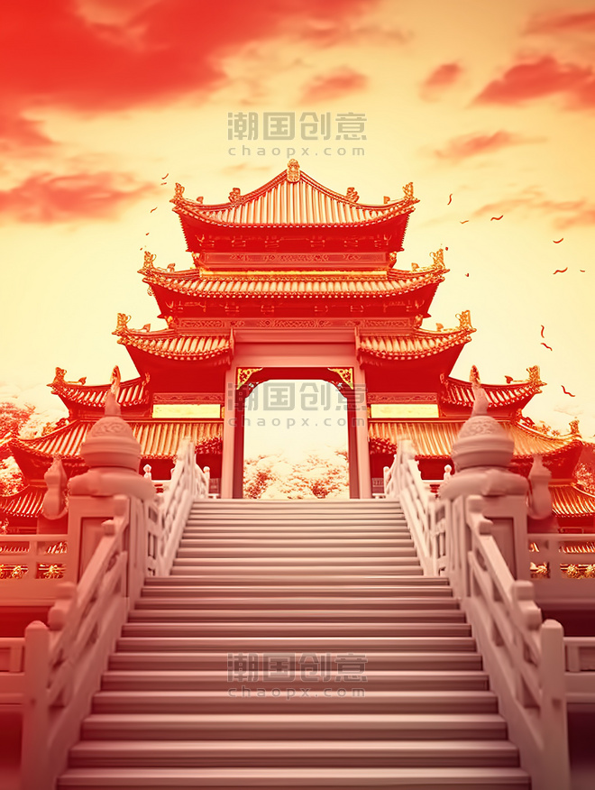 创意中国风建筑亭台楼阁楼梯中国建筑年货插画设计