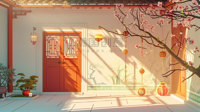 创意手绘古色古风古建筑庭院春节中国风四合院游戏场景