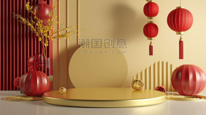 创意中国风金色中式新年年货节电商展台设计