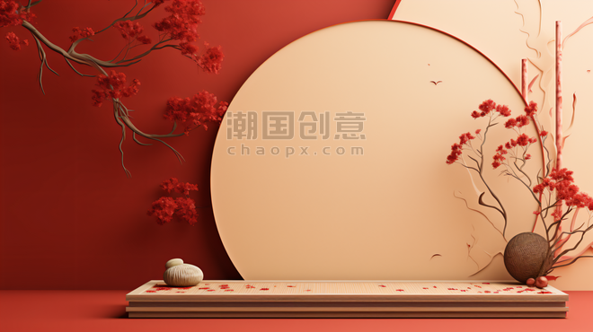 创意简约中国风红色展台春节年货电商展示微场景107