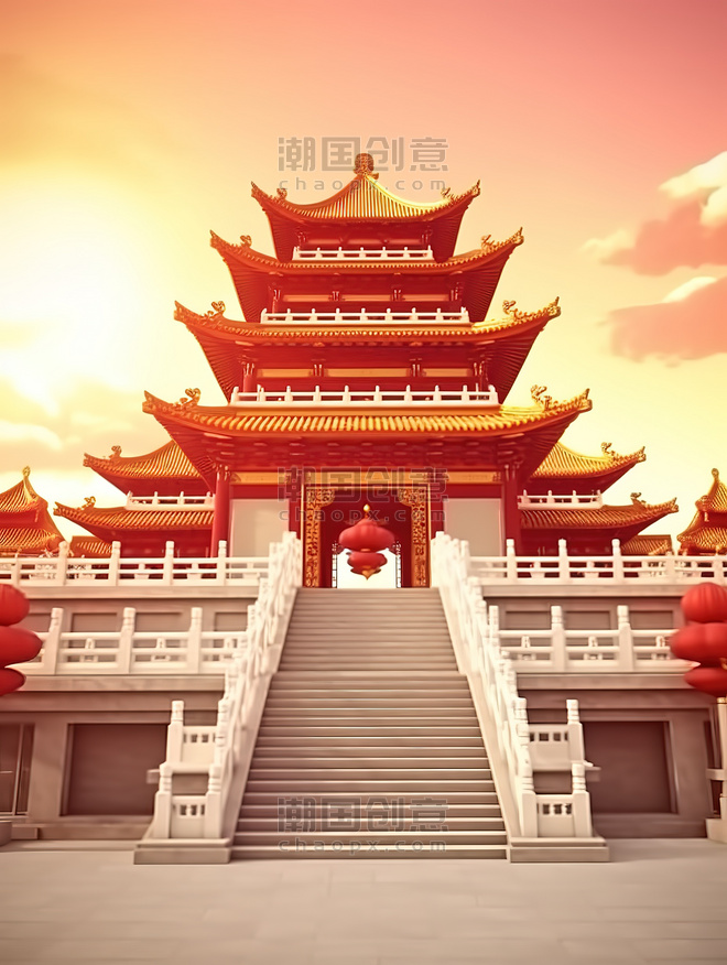 创意楼梯中国建筑年货中国风建筑亭台楼阁插画