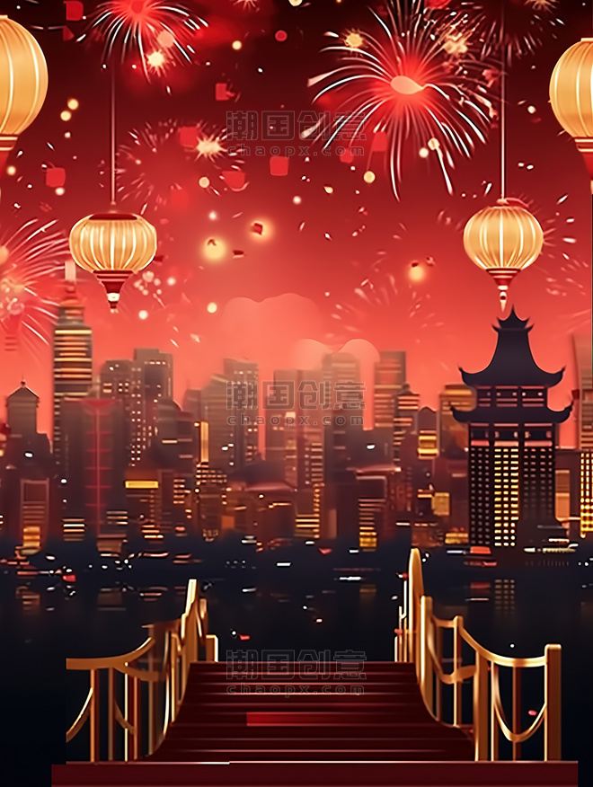创意灯笼和烟花新年喜庆跨年元宵节插画