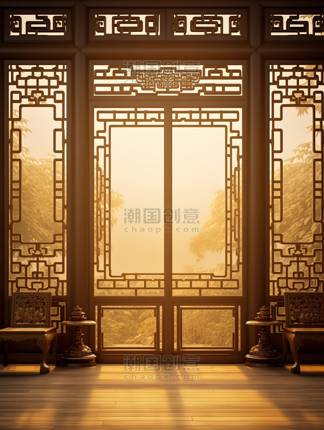 中国风意境门窗剪影光影传统建筑插画