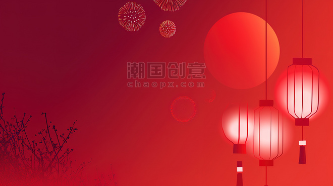 创意春节红色中国灯笼和烟花设计图
