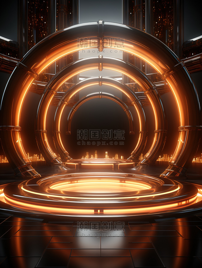 创意橙色圆形矩形发光通道科技科幻黑金色电商背景