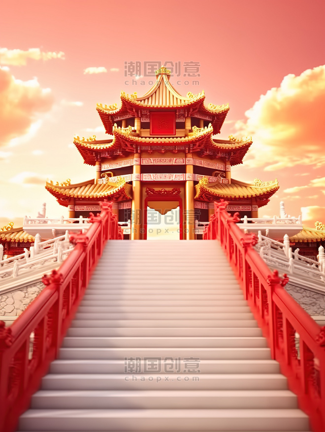 创意楼梯中国建筑传统国潮中国风建筑亭台楼阁矢量插画